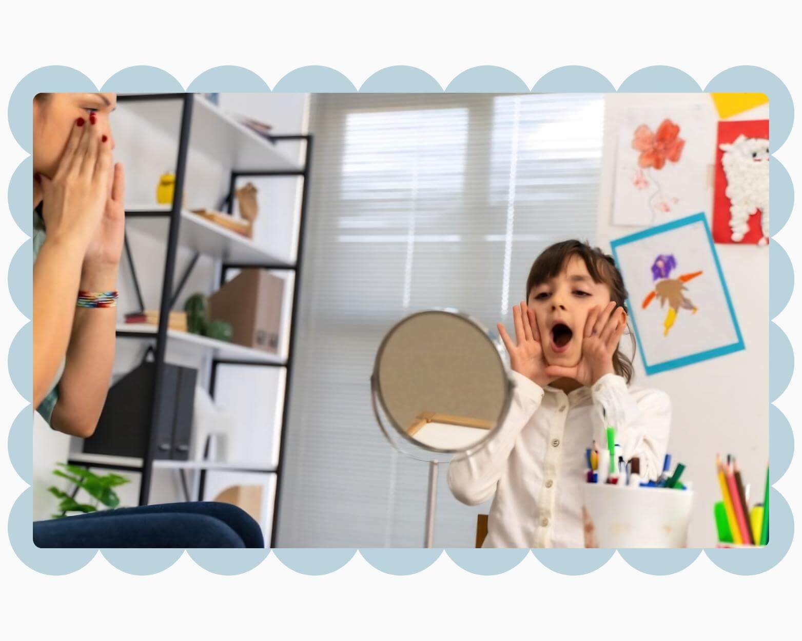 Speech-language pathologist using a mirror during an articulation activity with a child in Fairfield County, CT